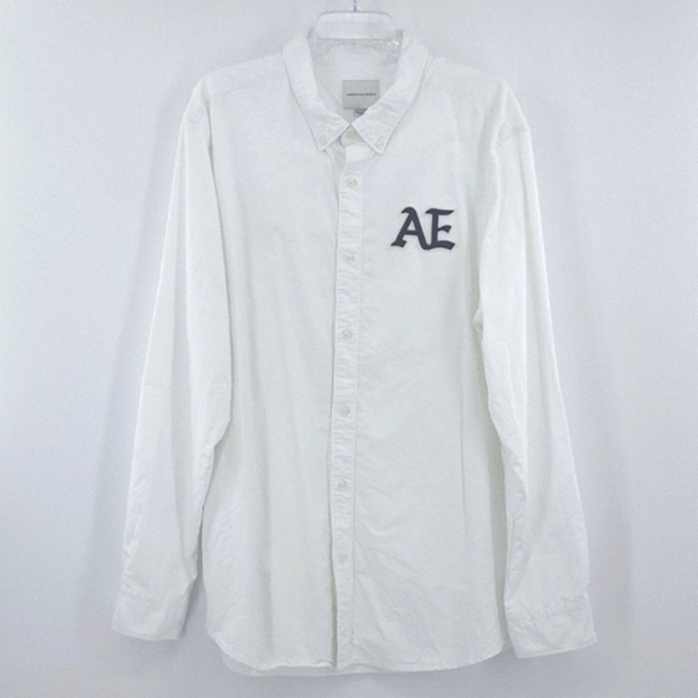 American Eagle Oxford Shirt Mens Size XXL White Button Up Embroidered Patch Work
